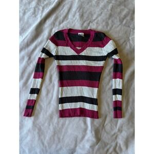 The Slope Brooklyn NY Striped Ribbed V-Neck Sweater Magenta Black White Small